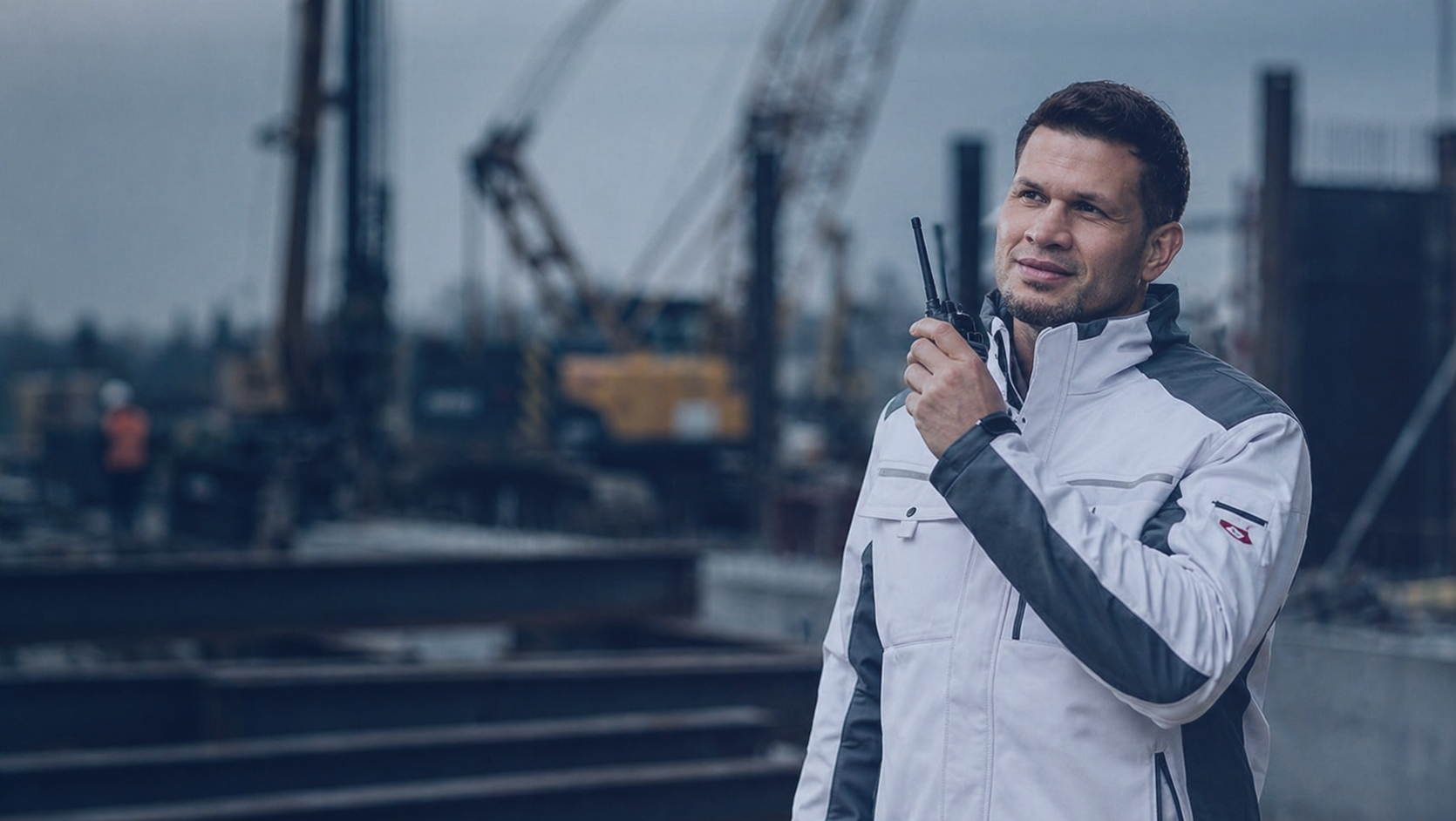 Bauleiter mit Funkgerät auf Baustelle