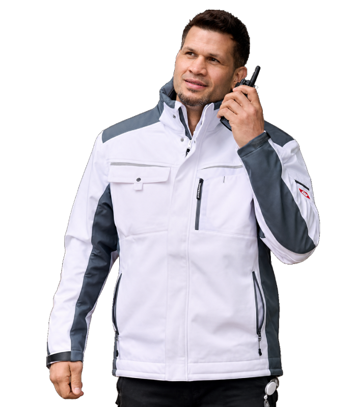 Handwerker mit Funkgerät in grauer Arbeitsjacke